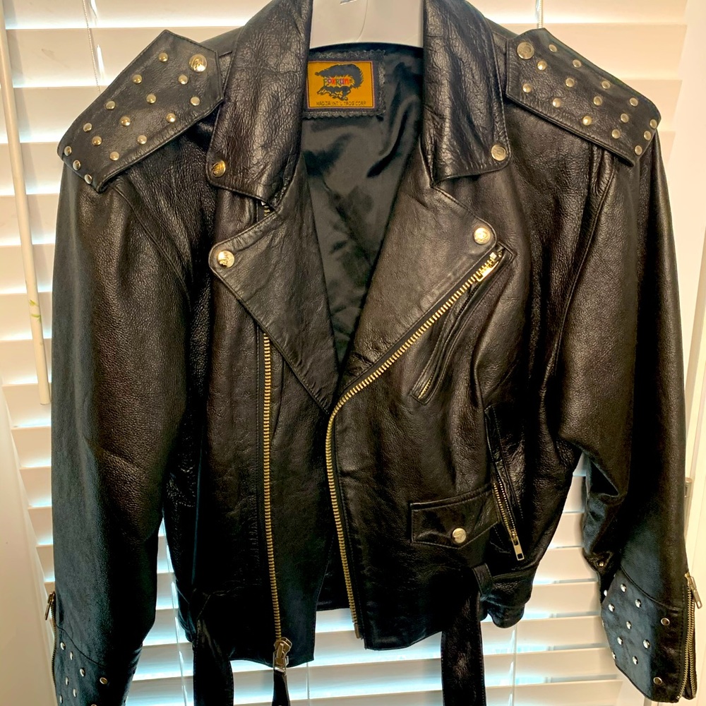 Large black leather motorcycle jacket